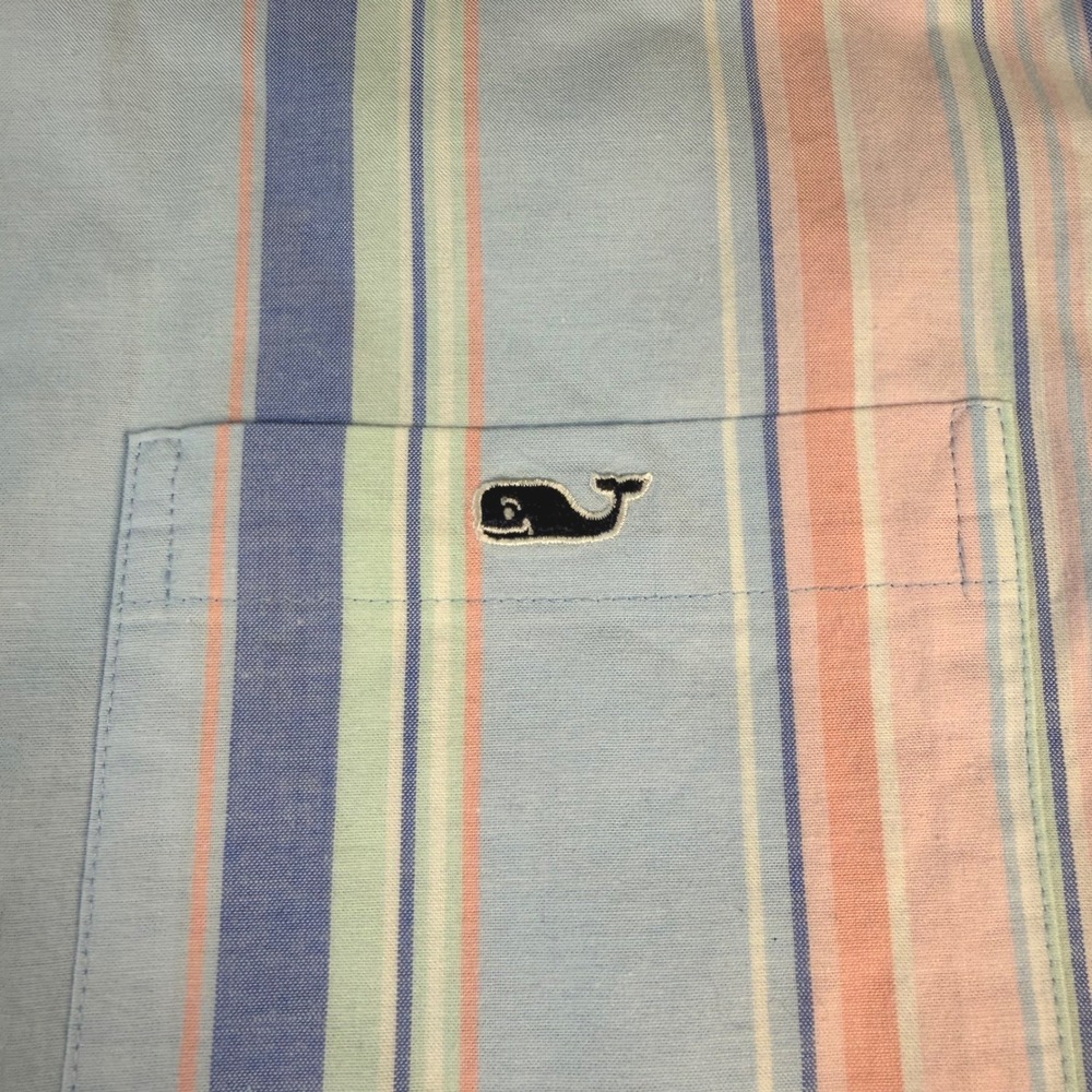 Vineyard Vines Shirt Mens Medium Blue Pink Striped Classic Fit S/S Logo EUC - Picture 2 of 11